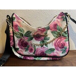 Juicy Couture Floral Pink Rose Crossbody Bag bag 9" X 7" Gold Chain Accents